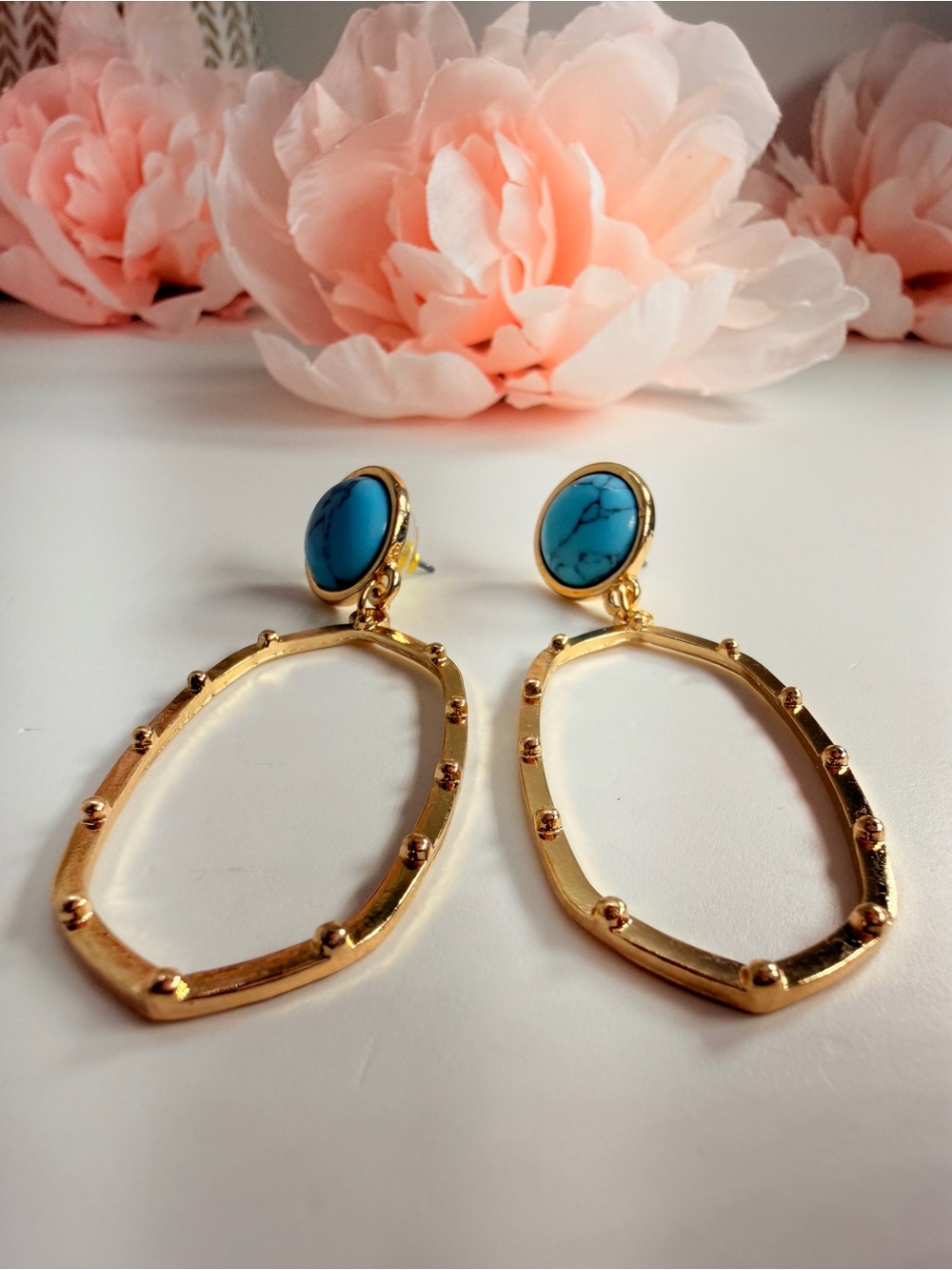 Gold Drop Earrings with Turquoise Stone